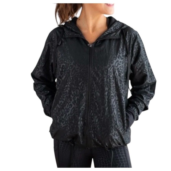 Zyia Active Jackets & Blazers - Zyia Active Black Leopard Print Hooded Windbreaker Jacket, Size Medium